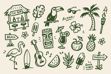 Tropical Tiki Beach Elements Set Green Doodle Sketch Vector © Victoria