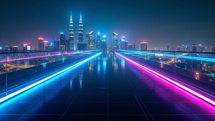 Fototapeta premium Neon‑lit futuristic walkway with blue‑pink glowing railings leads toward a vibrant twin‑tower city skyline at night.