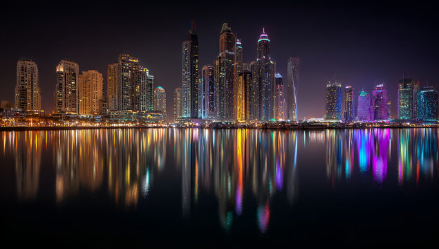 A vibrant nightscape showcases a towering skyline reflected in tranquil water, illuminated by a myriad of colorful lights. The water's surface acts as a mirror