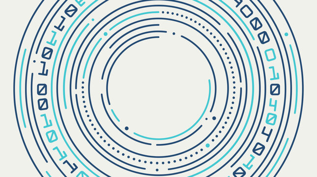 Abstract Digital Technology Background with Concentric Circles and Binary Code Elements, Representing Data Flow and Connection in a Modern Geometric Design