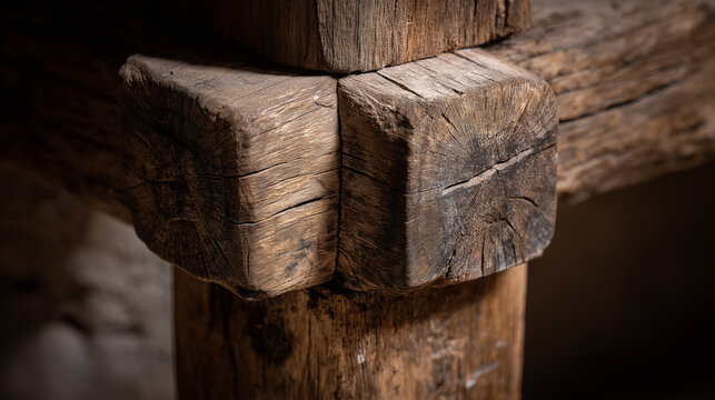 tenon. Ancient wooden beam with mortise and tenon joint, detailed texture. real-estate listings, architecture portfolios, designed for real-estate listing and luxury residence showcases.