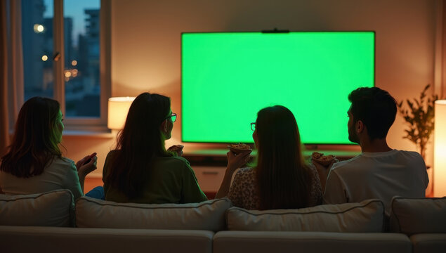 Authentic young adult friends hanging out together in stylish apartment living room, group sitting on couch eating snacks and watching large television with solid green chroma key screen, realistic so