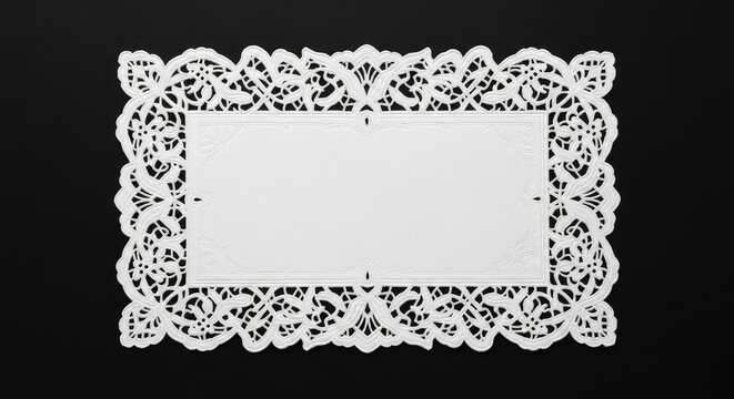 Elegant white rectangular paper doily with intricate lace edges centered on a solid black background. Perfect for vintage style stationery, background, intricate, card