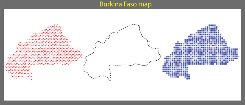 A colorful pixelated map of burkina faso in red and blue