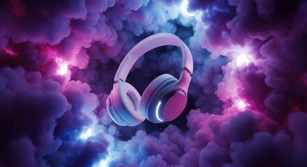 Fototapeta premium Minimalist white over-ear headphones floating through dense clouds of mystical vapor, showcasing fluid motion and a clean, artistic vibe, listen, electronic, modern