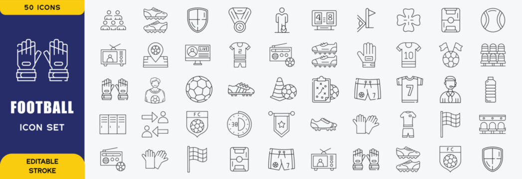Set of 50 outline icons related to football, soccer. Linear icon collection. Editable stroke. Vector illustration