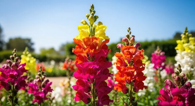 Tall snapdragon flower spikes bloom in a sun-drenched garden, showcasing vibrant colors and delicate petals under a clear and bright sky, natural, horticulture, antirrhinum