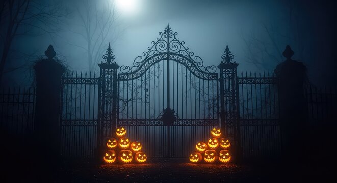 Un antico cancello in ferro battuto di una tenuta spettrale circondato da zucche intagliate illuminate e nebbia fitta durante la notte, autunno, ingresso, pietra