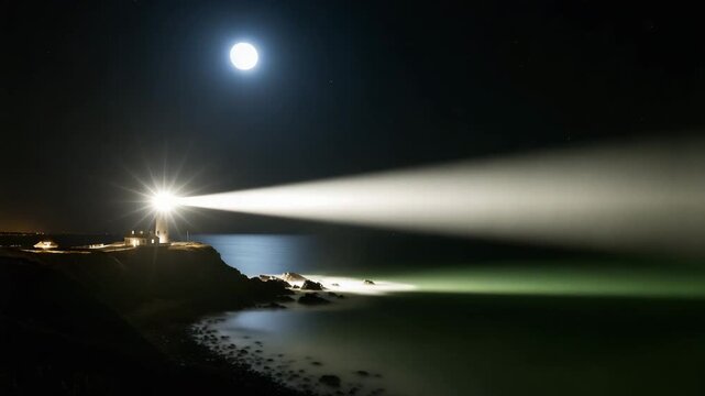 Nighttime lighthouse emitting light beam over rocky coastline  