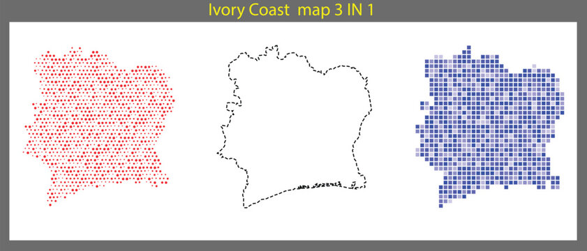 Ivory coast map 3 in 1 colorful illustration with red blue and black versions