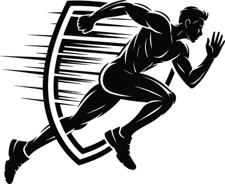 A muscular man runs quickly past a shield with motion lines in a vector eps illustration.