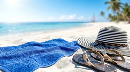 Obraz premium Beach Essentials: A blue towel, sun hat, and flip-flops are artfully arranged on a pristine sandy beach, inviting relaxation under a clear blue sky with the ocean and distant sail in view.