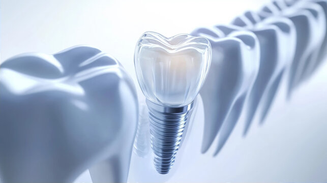 Dental implant concept with transparent crown and titanium screw in row of teeth 3d illustration