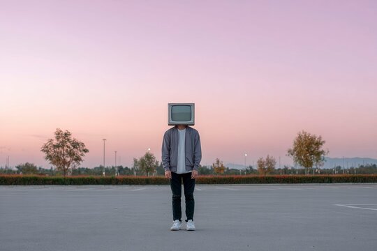 a young man with an old tv on his head, standing in the middle of an empty parking lot at sunset