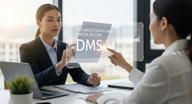 Business professionals interact with a digital document management system interface showing data and charts.