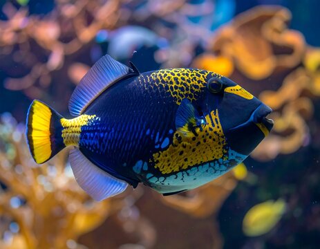 Vibrant triggerfish underwater displaying colorful patterns and details