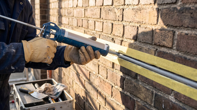 Close up of a worker applying grey polyurethane expansion joint sealant with a caulking gun on an exterior brick wall.