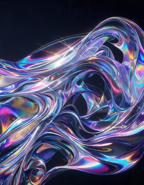 A mesmerizing, iridescent, fluid-like sculpture with swirling patterns and a holographic sheen, set against a dark, minimalist background