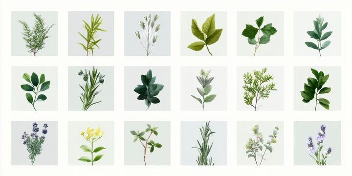 various herbs and plants arranged in squares, with each square containing different types of leaves or flowers. the background is a plain white