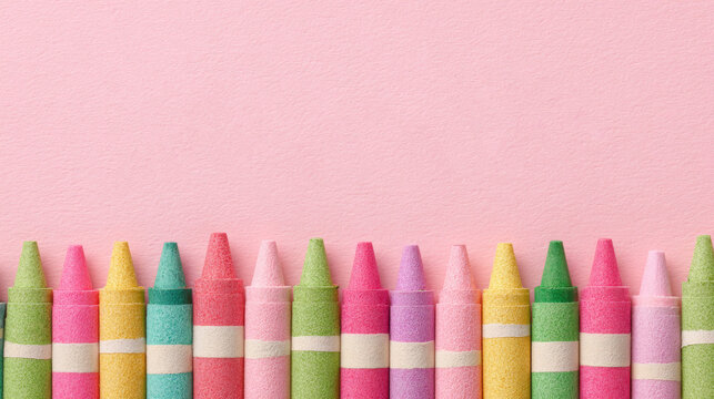 A row of colorful crayons lined up at the bottom against a solid light pink background, leaving ample copy space above for text or designs.