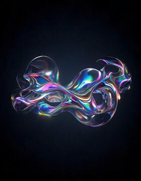 An iridescent, fluid sculpture with an organic, amorphous form, shimmering with a spectrum of colors against a dark background. Its complex, intertwined strands suggest movement and transformation.