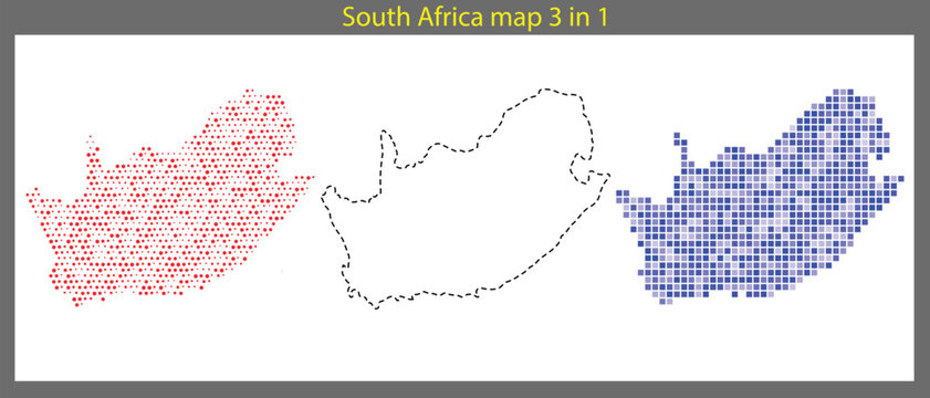 South africa map 3 in 1 colorful illustration with red blue and black dotted outline