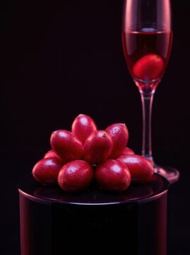 Fresh red karonda fruits arranged in a cluster next to a glass of red drink