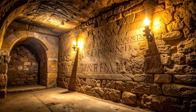 Etruscan inscription carved into an ancient stone tomb wall, showcasing early Italic script illuminated by torches.
