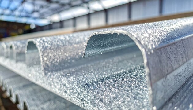 Close-up view of a galvanized steel sheet showcasing the crystalline spangle pattern of its zinc coating with water droplets.