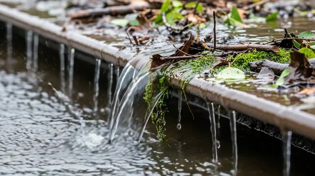 Water dripping from the clogged gutter with leaves and moss in rainy environment  