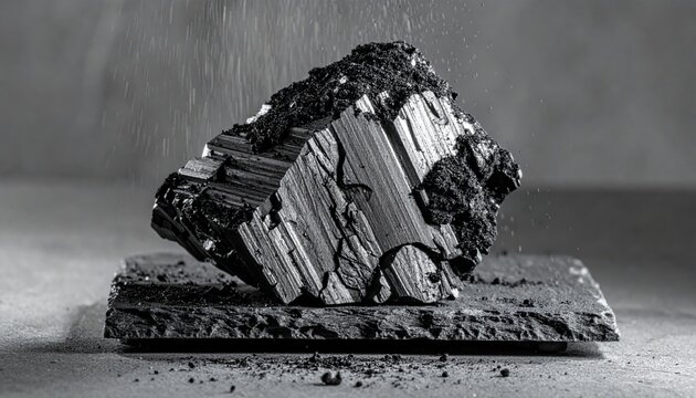 A large lump of raw graphite with a distinctly flaky texture and dark metallic luster sits on a dark surface, showcasing its natural beauty.