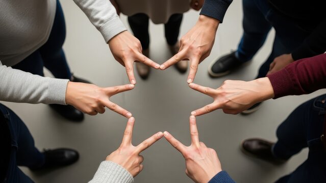 A group of diverse people joins their hands together forming a star shape, symbolizing teamwork, unity, and collective effort in a dynamic collaboration among colleagues celebrating success