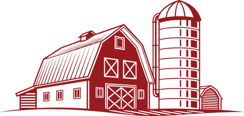 Red barn and silo farm building vector illustration © S M Sajib