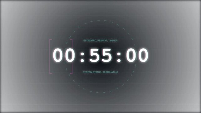 Digital countdown clock with reboot status and futuristic grid display