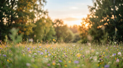Obraz premium A serene field of colorful wildflowers in bloom during sunset with trees in the background