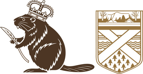 A stylized brown beaver wearing a crown and a heraldic shield with canadian nature symbols © S M Sajib