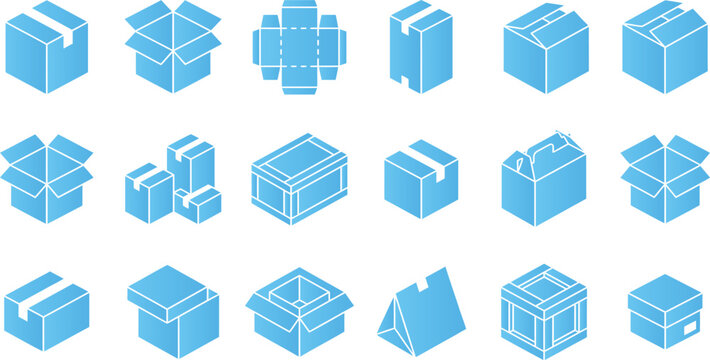 Blue isometric icons of various packaging boxes for shipping and delivery.