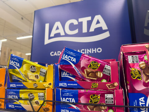 BELO HORIZONTE, MG, BRAZIL, MAY, 15, 2026 A display of Lacta chocolate products in colorful packaging on a store shelf