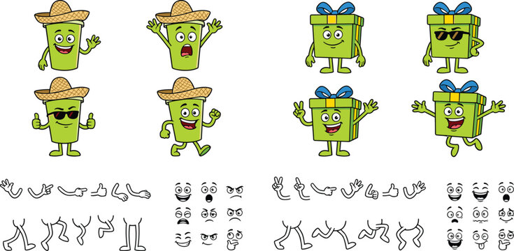 Green Drink Cup with Sombrero and Gift Box Cartoon Character Animation Kit with Customizable Poses Faces Hands and Legs for Festive Mascot Designs