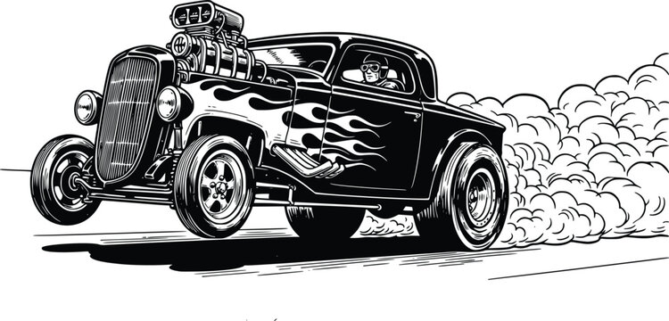 Vintage Hot Rod Drag Racing Car Hand Drawn Vector Illustration with Smoke Burnout and Flame Decal