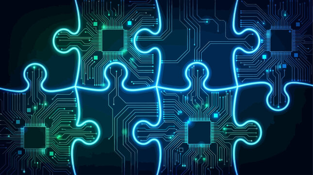 Abstract Futuristic Digital Puzzle Concept Featuring Glowing Electronic Circuit Traces, Network Connectivity, and Sophisticated Motherboard Technology on Sleek Black Backdrop Vector Graphic.