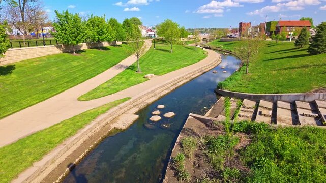 Scenic summer view of the Bee Branch Creek Greenway in Dubuque Iowa