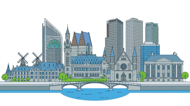 Panoramic Vector Illustration of The Hague Cityscape Featuring Netherlands Landmarks and Iconic Dutch Architecture in a Minimalist Graphic Skyline Silhouette for Travel and Tourism Design.