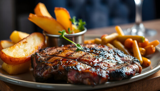 Juicy rib-eye steak with potatoe wedges and french beans, Side lit. White tone