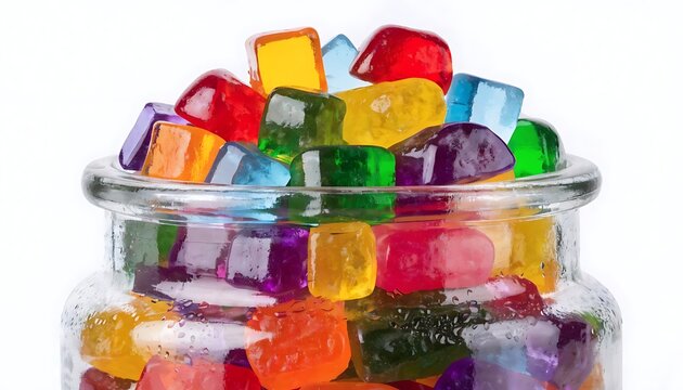 Glass jar filled with jelly candies isolated with shadow cut out on realistic white background. Colorful gummy confectionery composition with glossy texture and vibrant sweet detail. AI GENERATED.