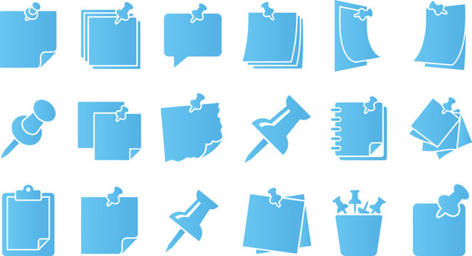 Pushpin and sticky note icons set for reminders and office organization.
