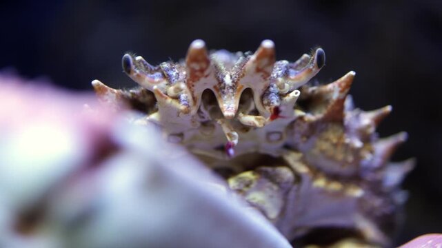 Close-up view of a crab's shell revealing intricate textures and patterns, showcasing its unique features in an aquatic environment with blurred background elements