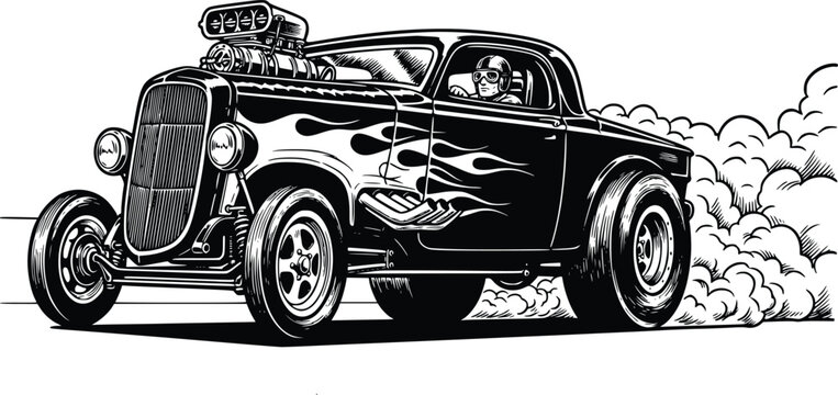 Hand Drawn Vintage Hot Rod Muscle Car Vector Illustration in Retro Racing Style