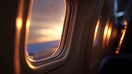Fototapeta premium Inside a plane, a golden hour illuminates the sky through the window, creating a warm glow. Soft focus on the scene