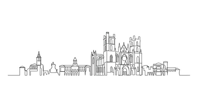 Minimalist Narbonne France City Skyline Continuous Line Art Vector Illustration Featuring Saint Just Cathedral Silhouette Elegant Urban Architectural Drawing and French Landmark Heritage Design